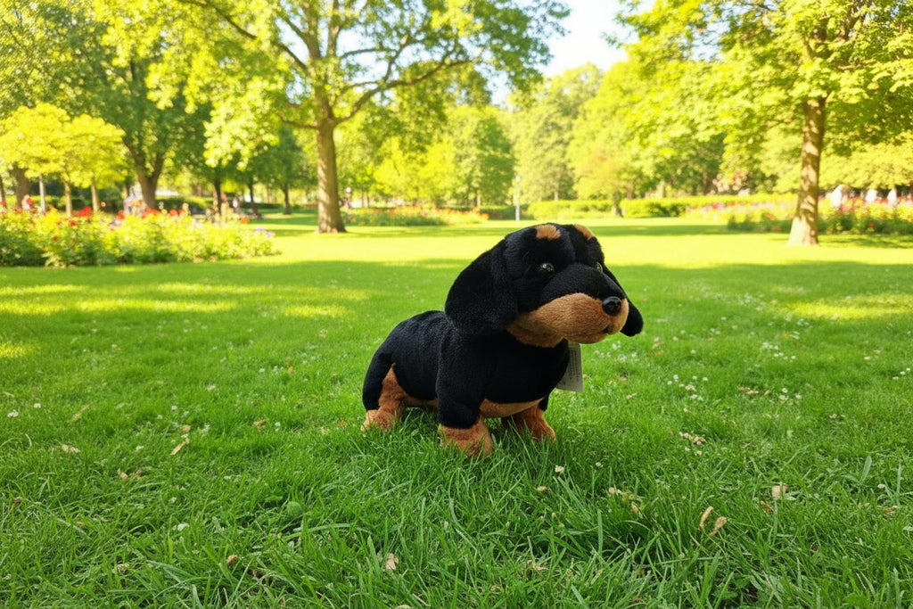 Peluche de Perro Salchicha Dachshund Negro y Marrón - Suave y Realista