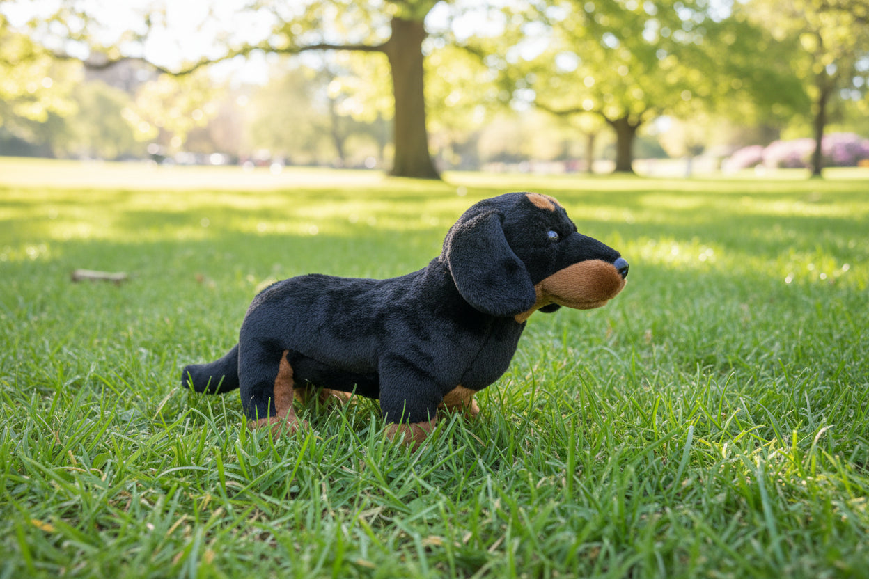 Peluche de Perro Salchicha Dachshund Negro y Marrón - Suave y Realista