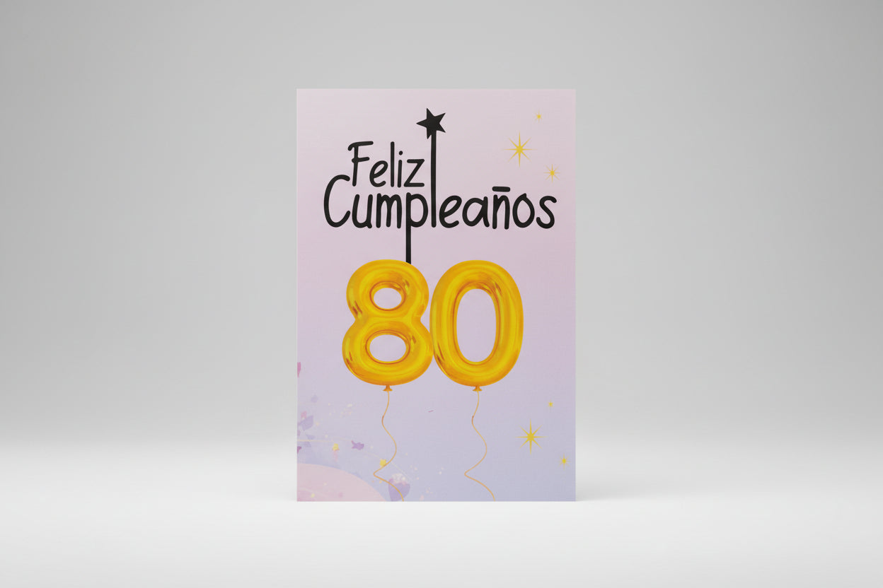 Tarjetón de Felicitación 80 Cumpleaños con Globos Dorados de 30cm