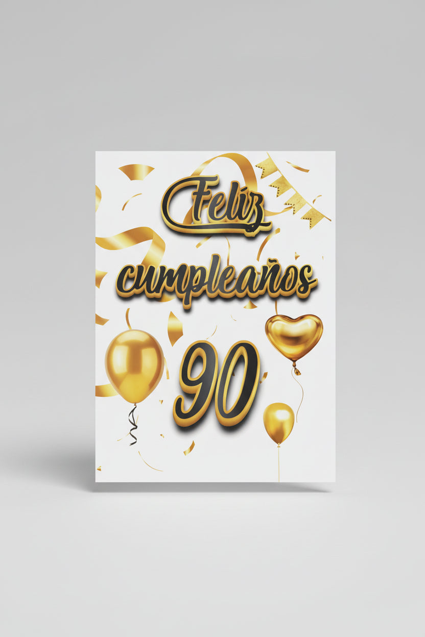 Tarjetón de Felicitación 90 Cumpleaños con Globos Dorados de 30cm
