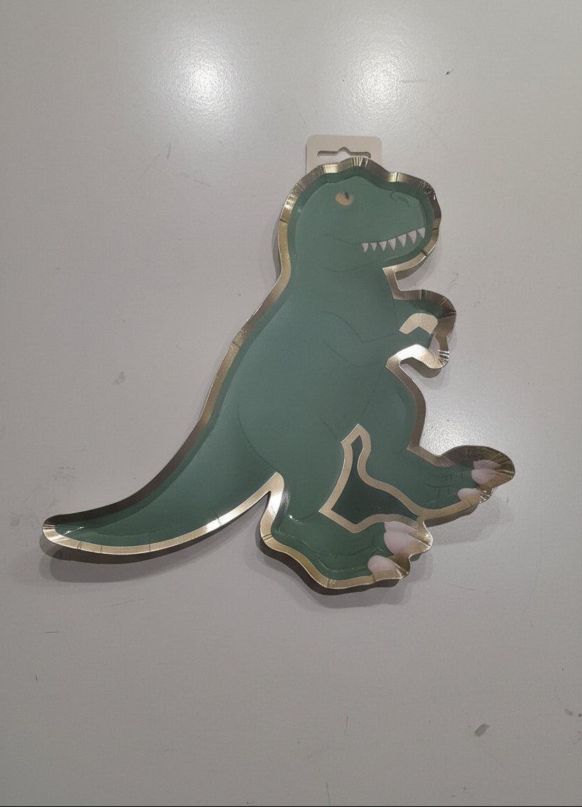 Plato de dinosaurio con borde dorado x 8 unidades