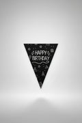 Banderín happy birthday negro y plateado x 4mts