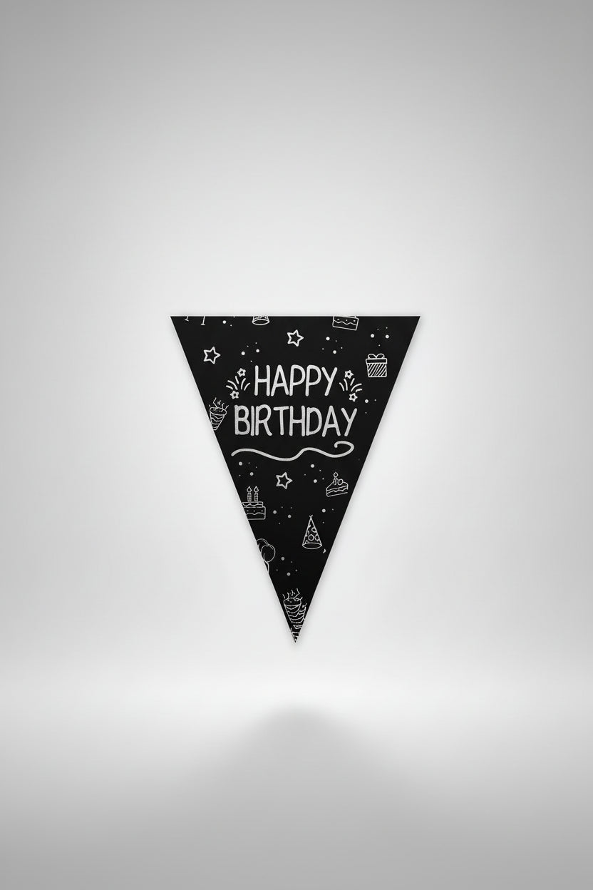 Banderín happy birthday negro y plateado x 4mts
