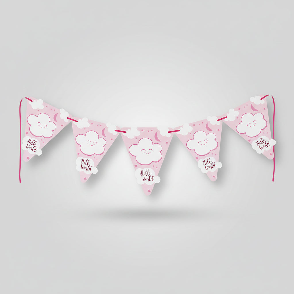 Banderin Hello World celeste o rosa