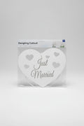 Banderín blanco con forma de corazones "just married" (recién casados)