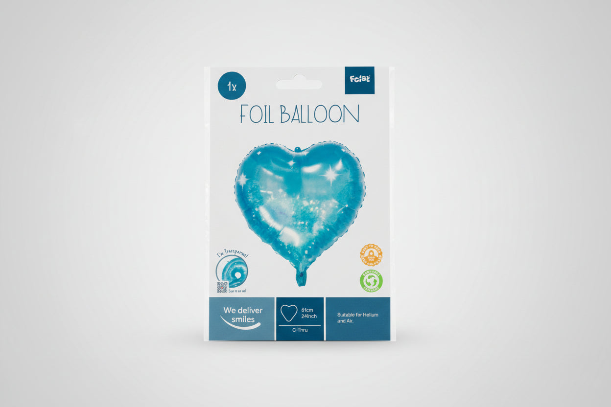 Globo Foil Corazón Celeste Transparente Holográfico 60cm Brillante