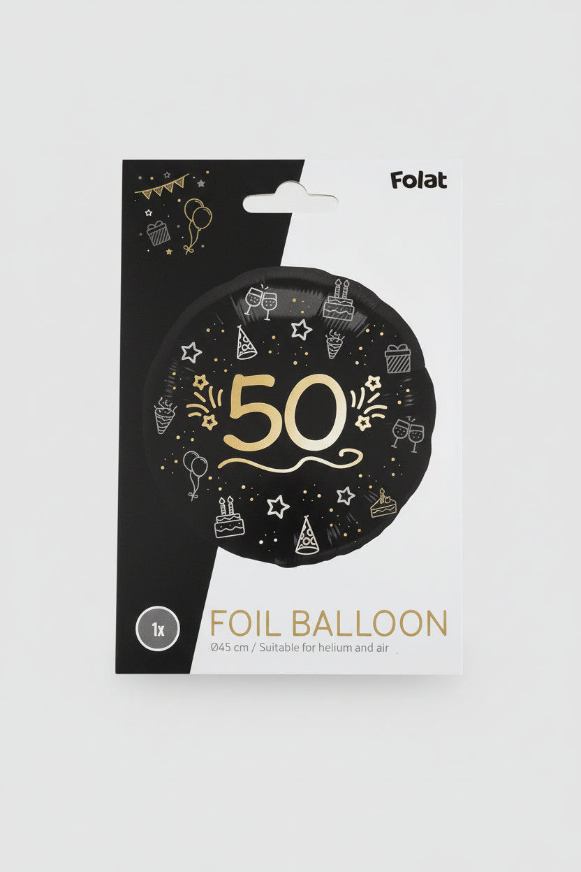 Globo de foil número 50 negro con detalles dorados de 45 cm