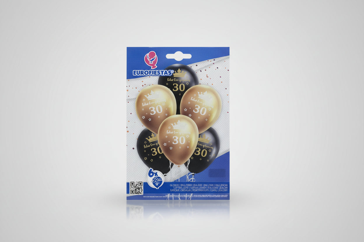 Kit de 6 globos de látex "Feliz Cumpleaños 30" de 30 cm - 3 dorados y 3 negros