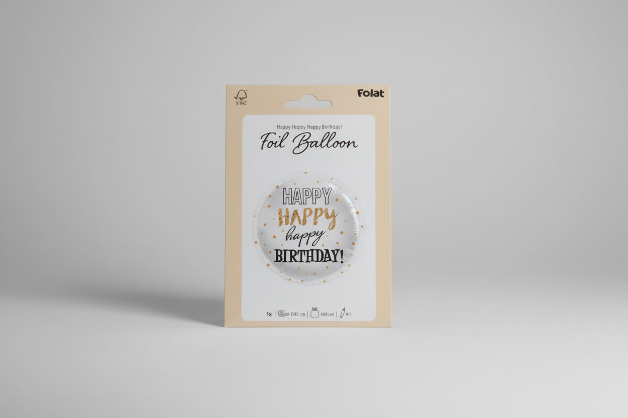 Globo happy birthday blanco , negro y dorado x 45cm