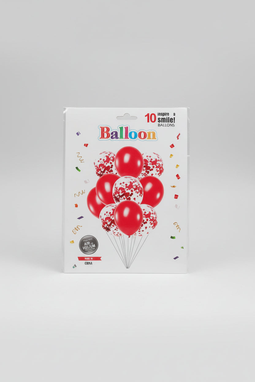 Pack de 10 globos , 5 rojos y 5 transparentes con confeti rojo
