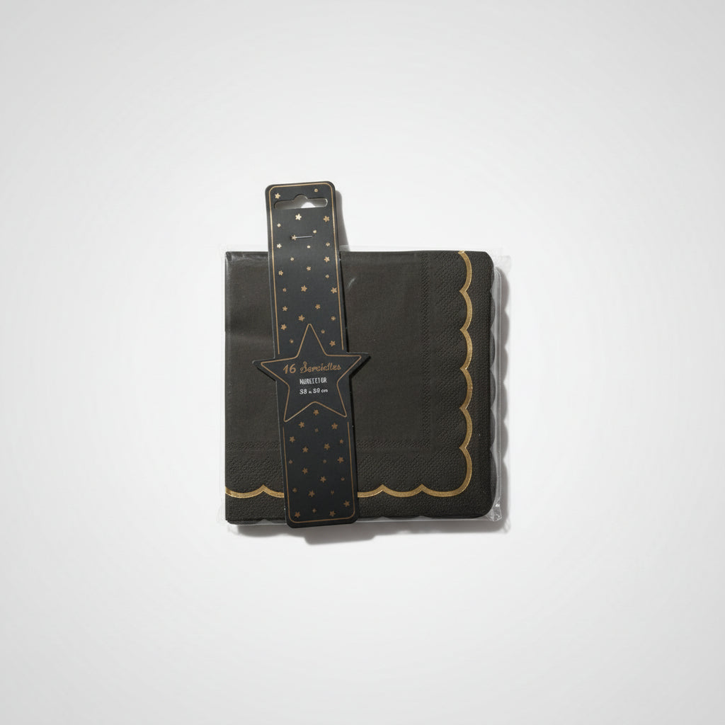 Servilleta Negra con borde ondulado dorado x 16u