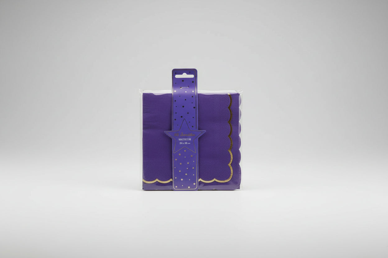 Servilleta violeta/ morada  con borde ondulado dorado x 16u